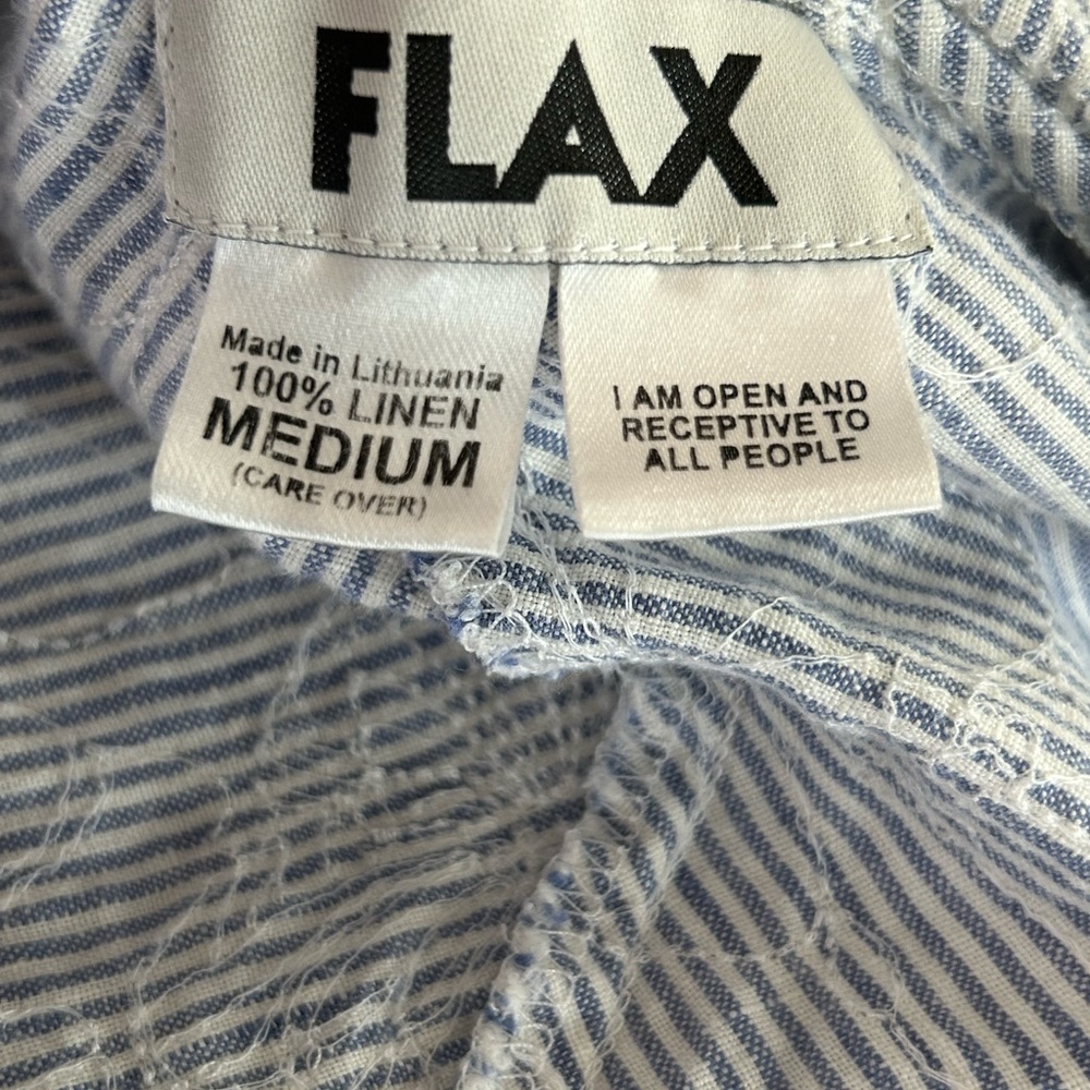 FLAX Blouse Striped Gray Blue Button-Up Linen Top Embroidered Floral Size M - Picture 8 of 9